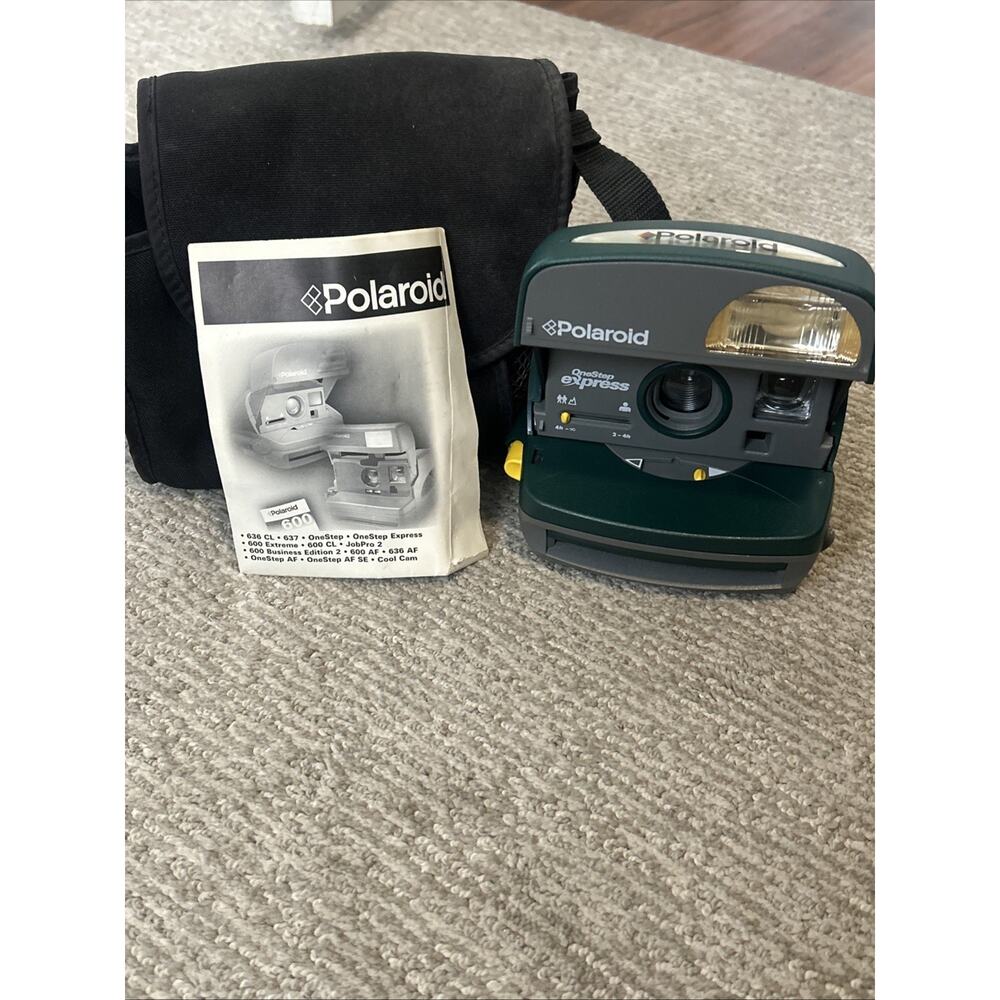 Vintage Polaroid One Step Express 600 Camera With Bag Manual -No Handle Green
